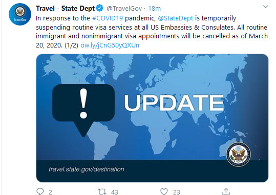 美国宣布暂停全球常规签证服务