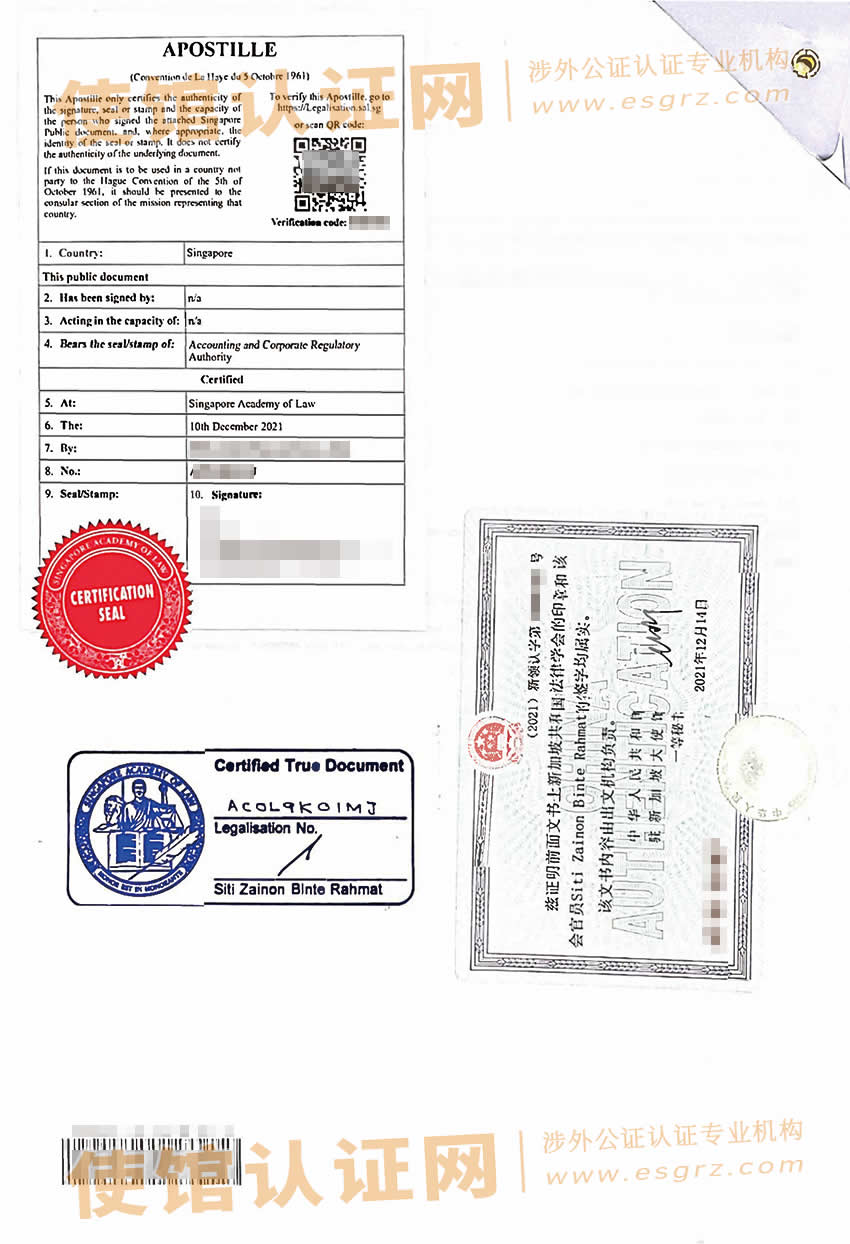 新加坡公司公证认证参考样本用于在中国内地设立公司之用